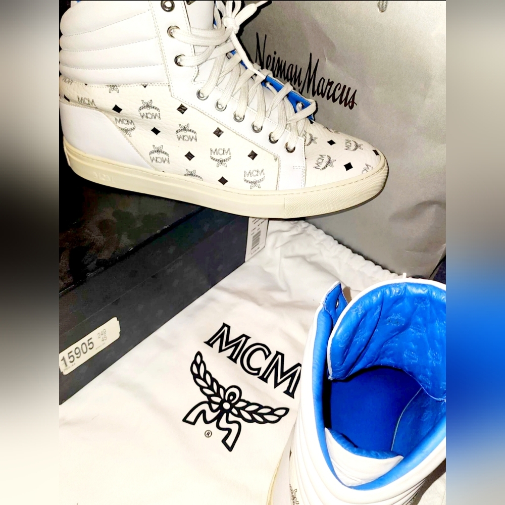 Rare MCM White High-Top Sneakers with Blue Accents Mens 12 - Picture 8 of 10